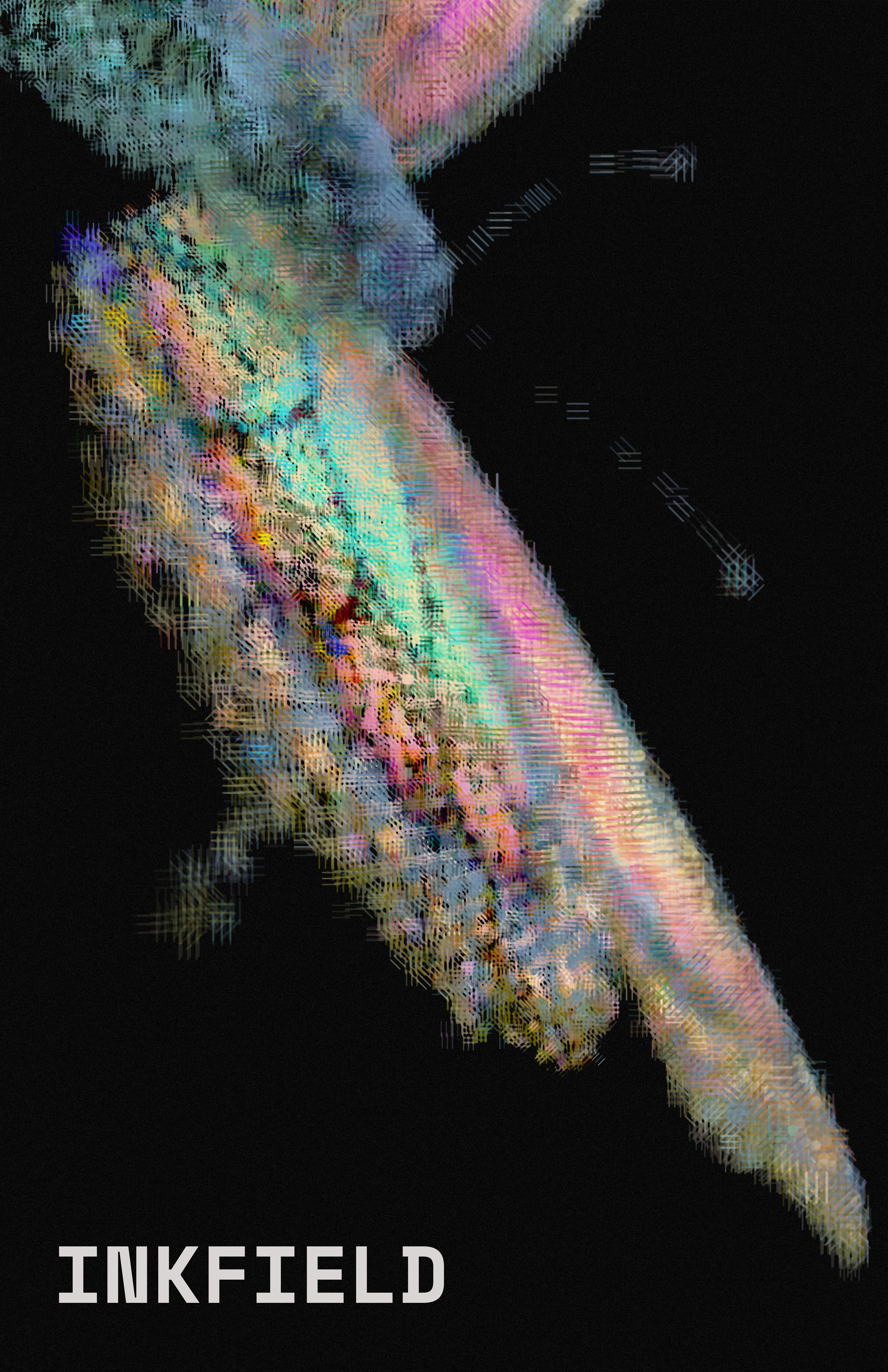 InkField rendering a scanned scene in Flow mode — discrete glyphs riding object-space streamlines across the surface