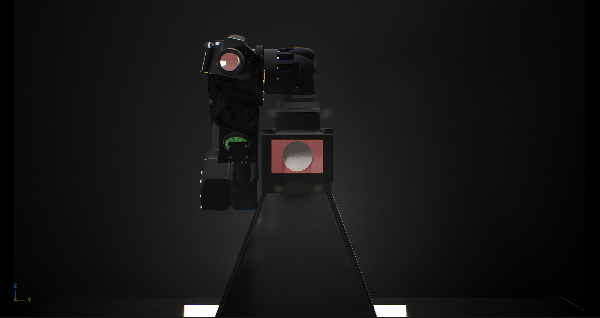 The CineWave arm in its Unreal Engine 5 digital twin, camera head raised on the track.