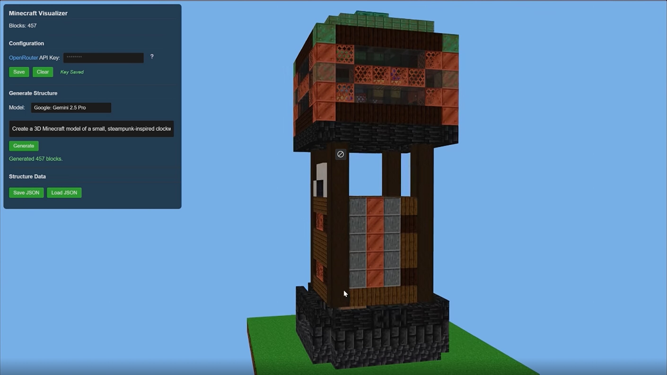 Babylon.js 3D visualization showing a Minecraft structure generated from text prompts.