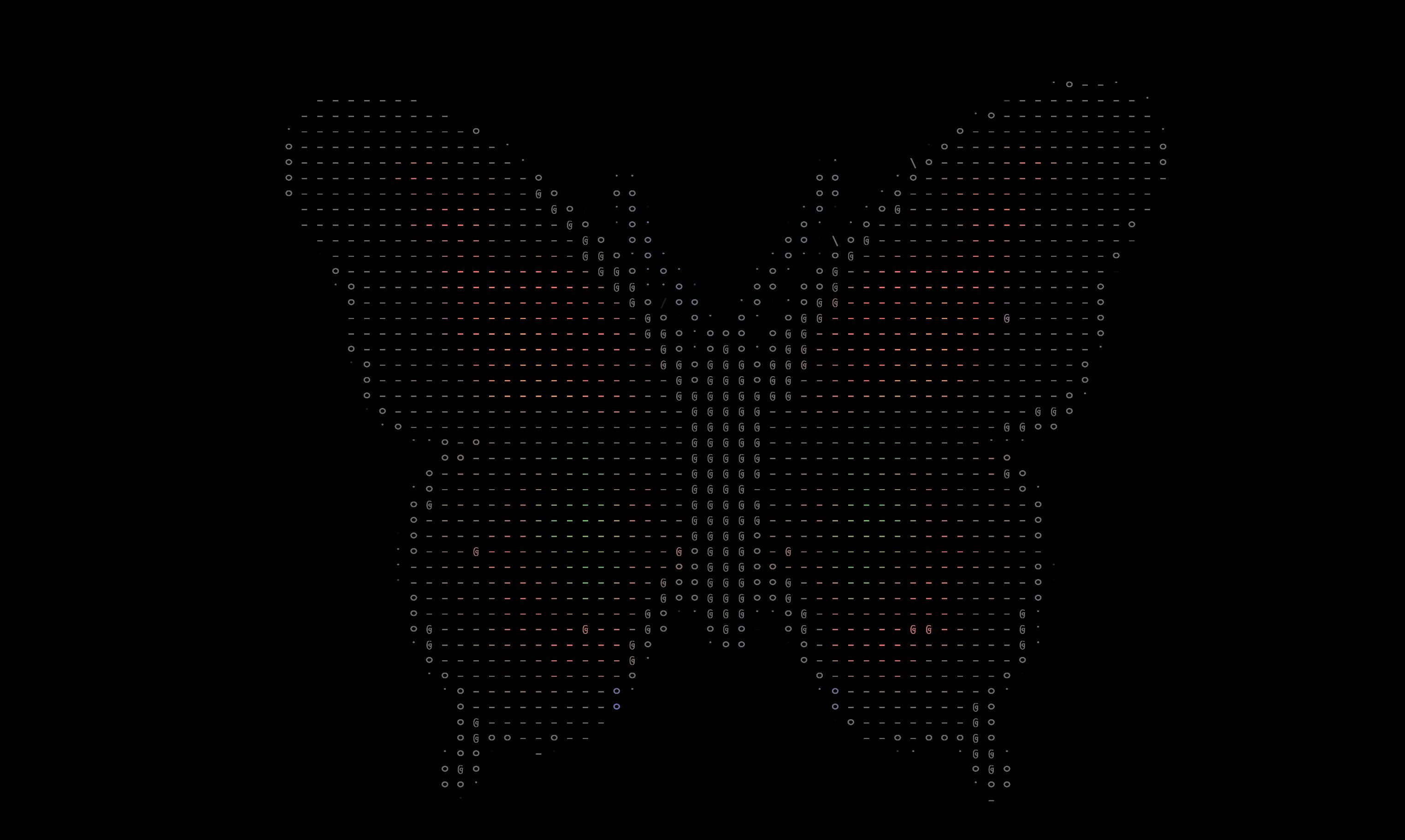 InkField Glyph mode — a scan reduced to a grid of directional ASCII-like characters following surface structure