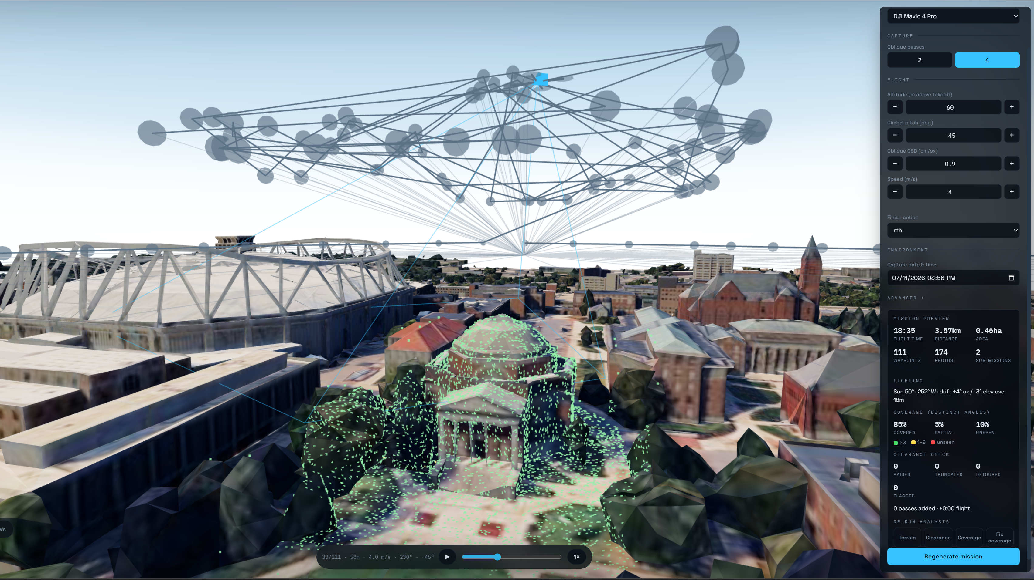 Vantage planning a convergent flight over Hendricks Chapel, with the mission preview and coverage readout open.